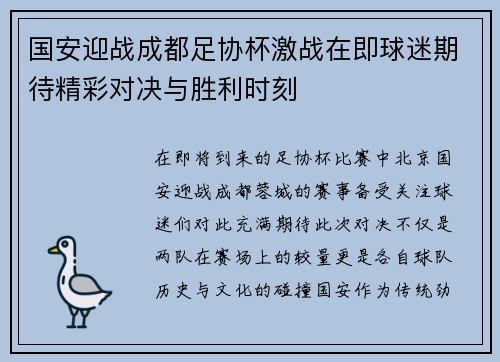 国安迎战成都足协杯激战在即球迷期待精彩对决与胜利时刻